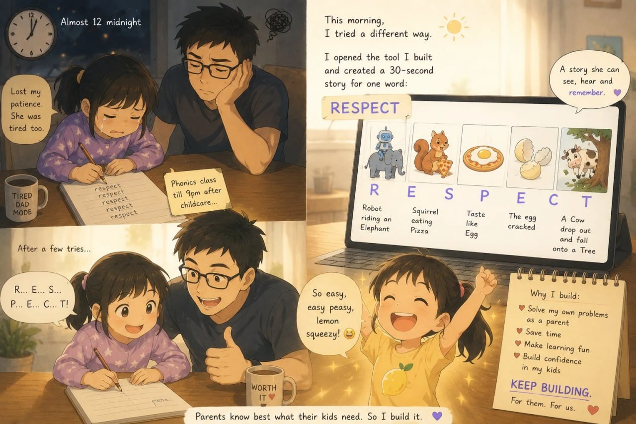 Comic: late at night, a tired dad and his crying daughter writing 'respect' over and over for phonics class. The next morning, he opens the tool he built and makes a story for RESPECT — a robot riding an elephant, a squirrel eating pizza, an egg that tastes like pizza, an egg cracking, a cow falling onto a tree. She spells it correctly and cheers, 'So easy, easy peasy, lemon squeezy!'